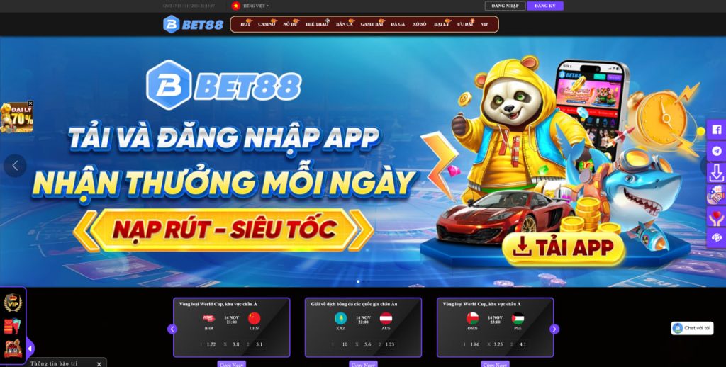 Giao diện Trang Chủ Bet88 hài hòa, thân thiện